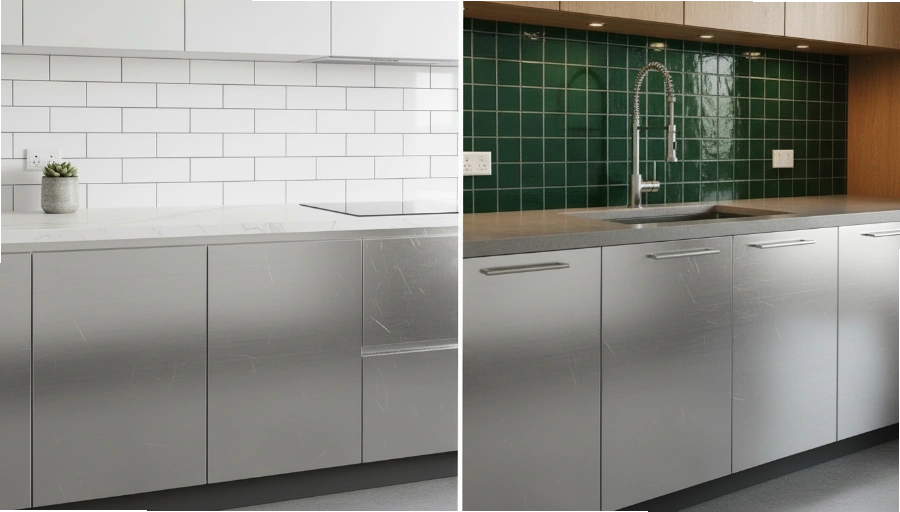 A close-up of a stainless steel cabinet door showing some fingerprints and a small scratch under bright light.