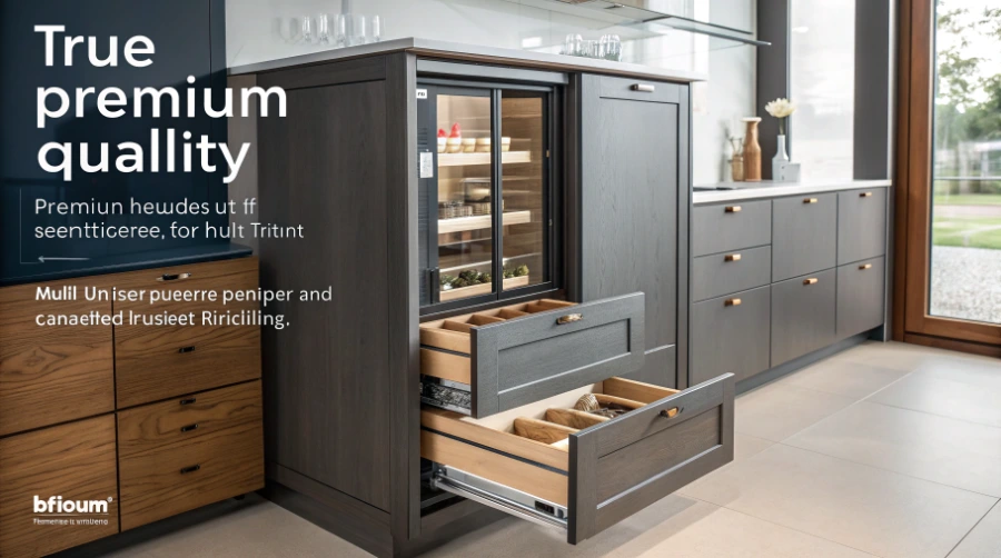 Premium cabinet hardware and craftsmanship A close-up of a high-end cabinet hinge and a smoothly operating drawer slide.