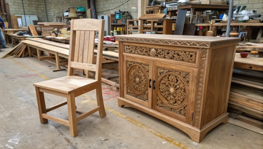 A craftsman and a client discussing furniture blueprints and material samples in a workshop.