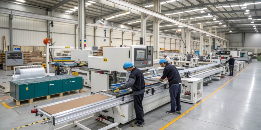 A busy and organized cabinet manufacturing factory floor in Foshan.