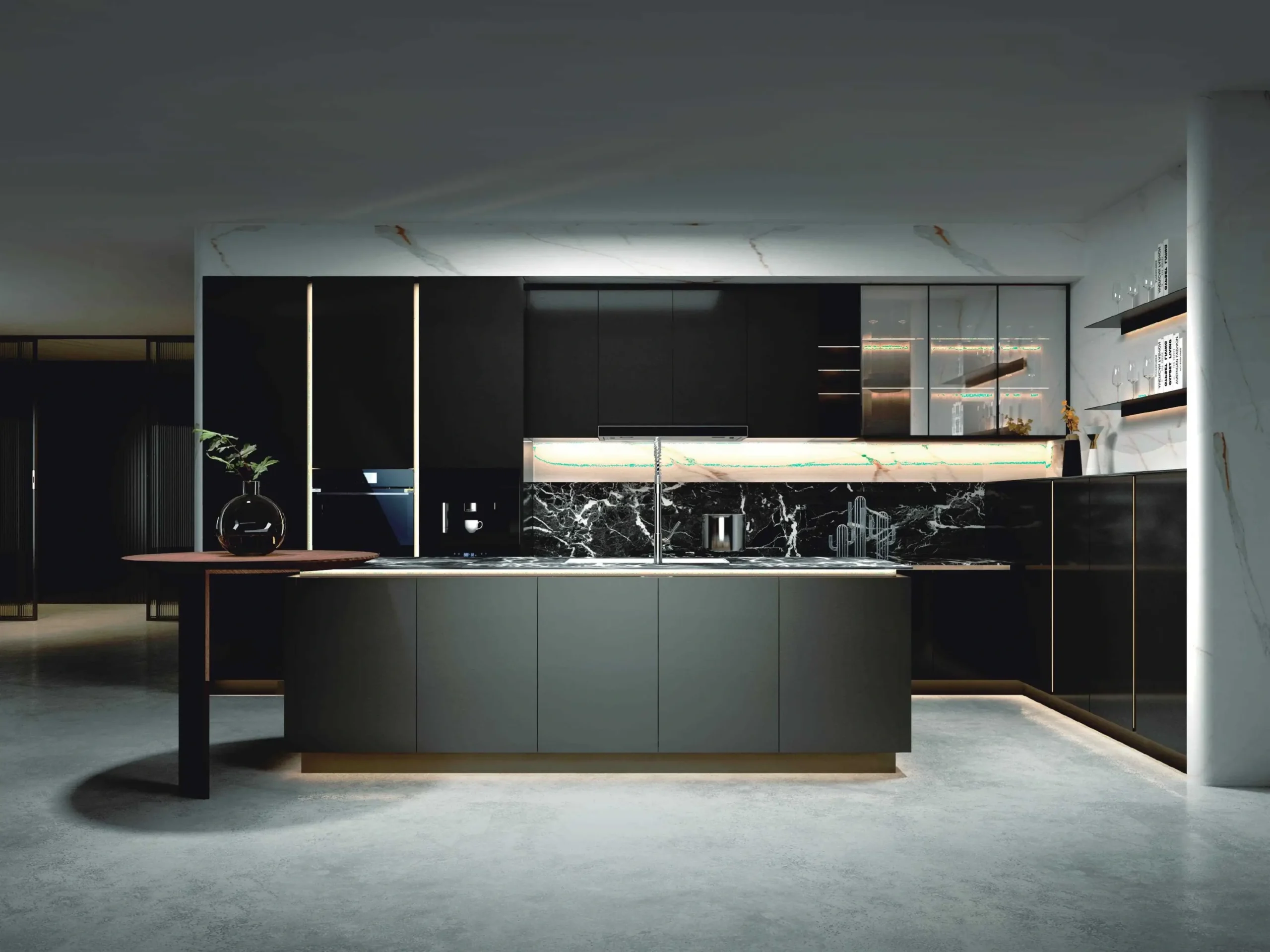 A stunning image of a custom-built, curved, floor-to-ceiling bookcase in a luxury library.