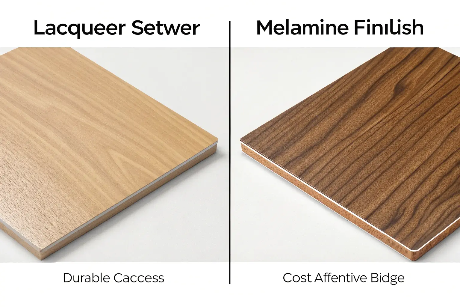 A comparison showing the deep, liquid reflection on a lacquer door versus the flat, uniform surface of a melamine door.