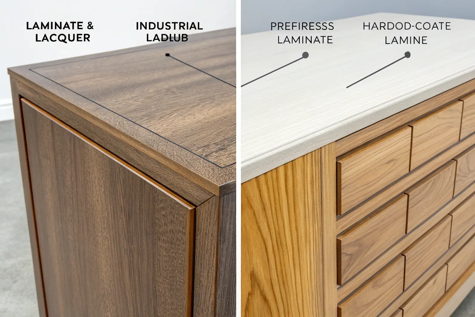 A close-up diagram showing the layers of HPL laminate vs. the multiple sprayed layers of lacquer paint on an MDF board.