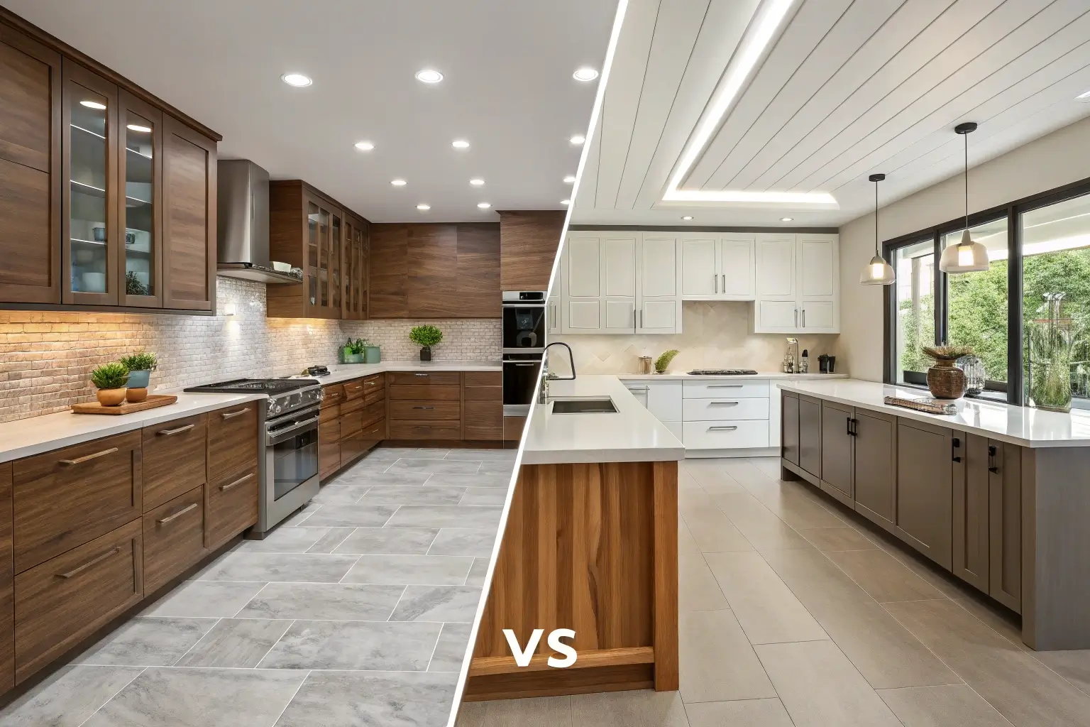 A busy hotel kitchen with durable laminate cabinets next to a standard apartment kitchen with clean melamine cabinets.