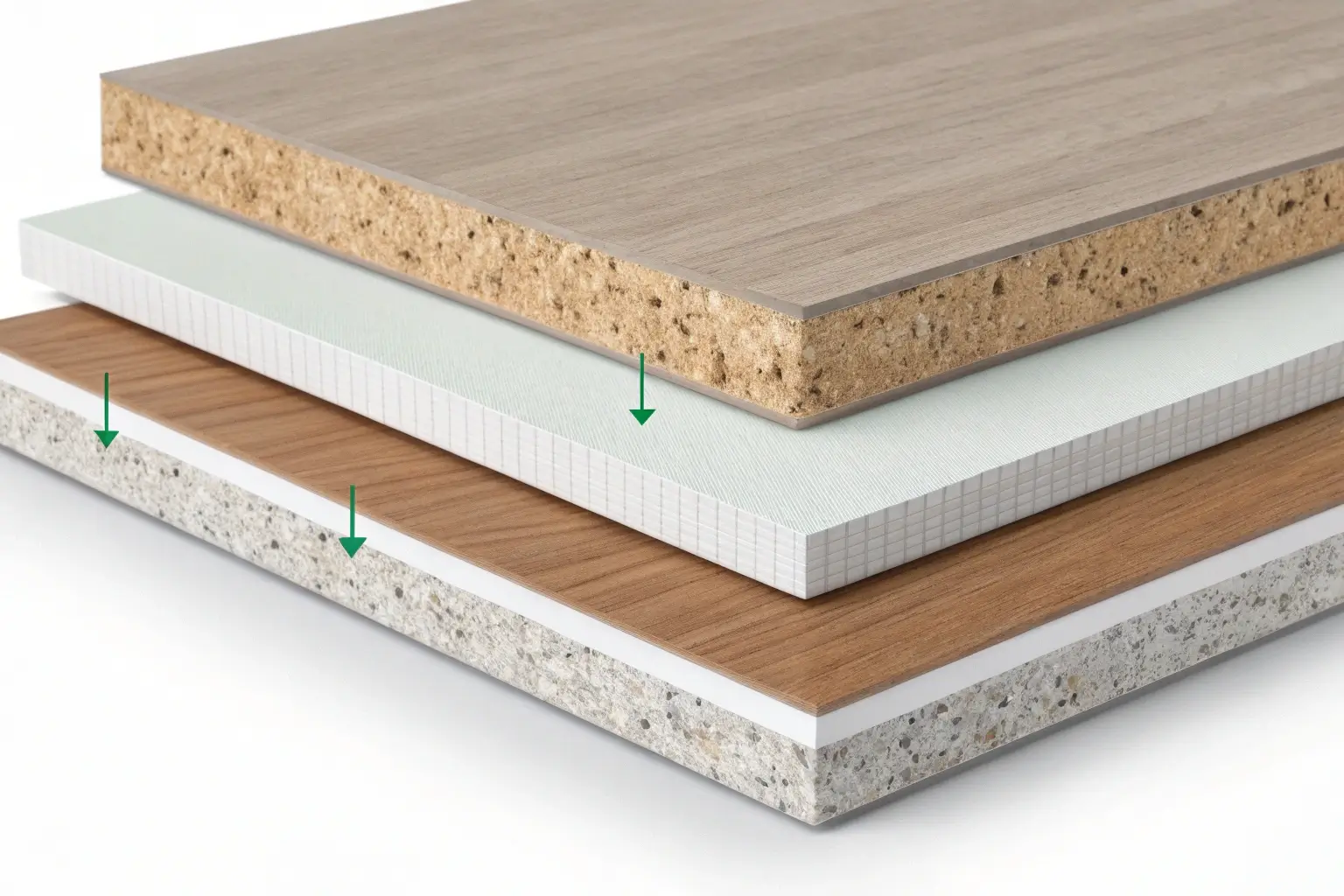 A split-screen image showing the cross-section of a melamine board on one side and a thicker laminate sheet being applied to a board on the other.