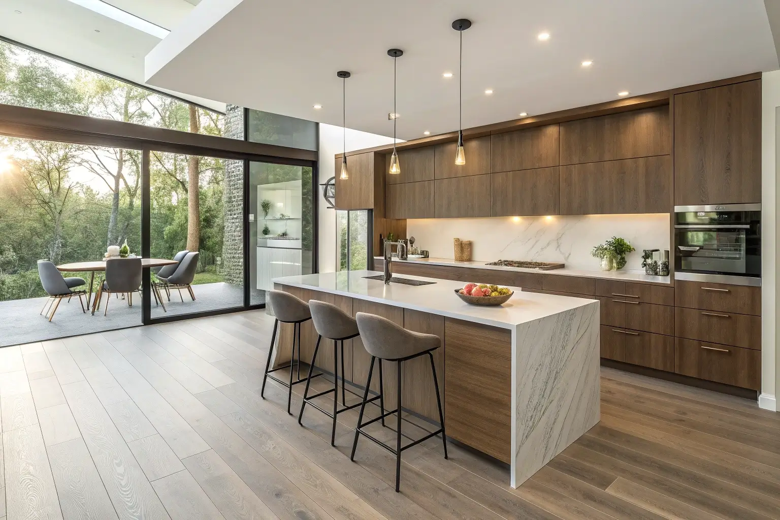 A designer presenting a client with a range of finish samples: laminate, lacquer, wood, and melamine.