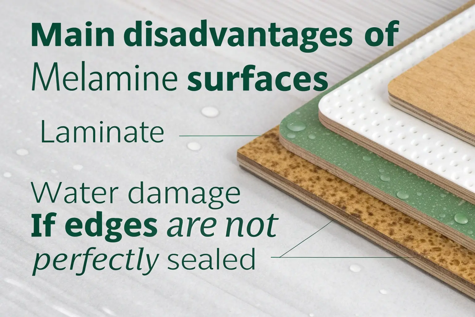 A picture of a melamine cabinet door with a chipped corner and another showing a swollen edge from water damage.